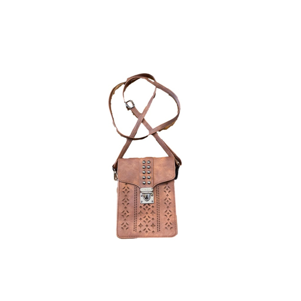Women's MINICAT Brown Studded Laser Cut Crossbody Bag One Size